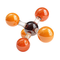 Molecular structure model with orange and black spheres, clear glass