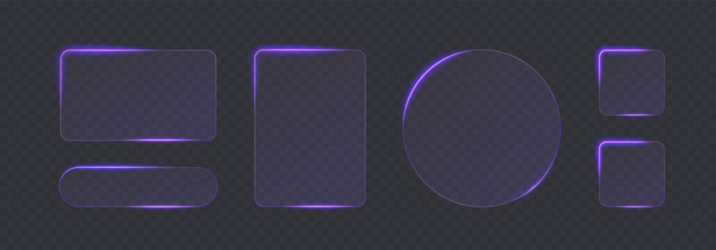 Light frame liquid glass button set for mobile and web app, tech board frame in futuristic style. Purple HUD interface, vector illustration. Light glass png banner collection with glow effect.