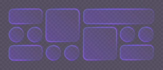 Liquid glass UI elements with neon purple glow on transparent background in clean minimal style. Perfect for Tech Interfaces, App Design, and Web Layouts. Vector Illustration. © viktoria_ngm