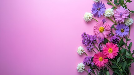 A curved border of multicolored wildflowers including pink, purple, and white blooms on a solid pink background