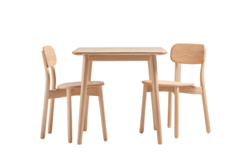 Light wood table with two chairs on a black background