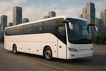 Modern White Coach Bus Traveling Through City Streets, Ideal for Group Transportation and Tours