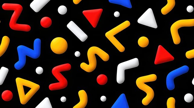 Colorful 3D Abstract Shapes On Black Background. Geometric Playful Pattern With Red Yellow Blue White Objects For Kids Design, Games, Posters, Branding
