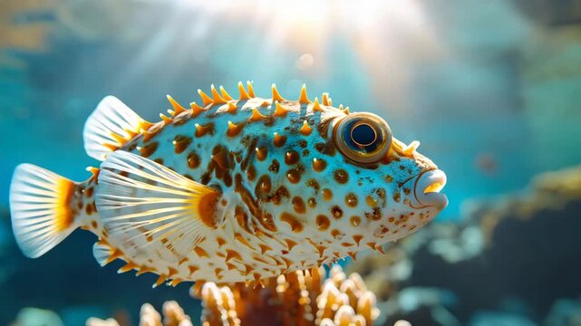 Close-up of an inflated puffer fish swimming in a coral reef with vibrant colors and sunlight filtering through the water.