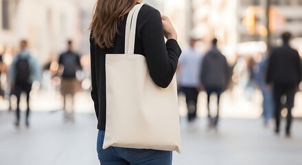 Woman with blank tote bag walking in a bustling city street.