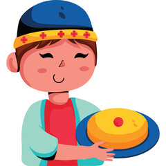 Illustration of a smiling child wearing a blue cap and holding a yellow cake with a red cherry on top on a blue plate on a transparent background