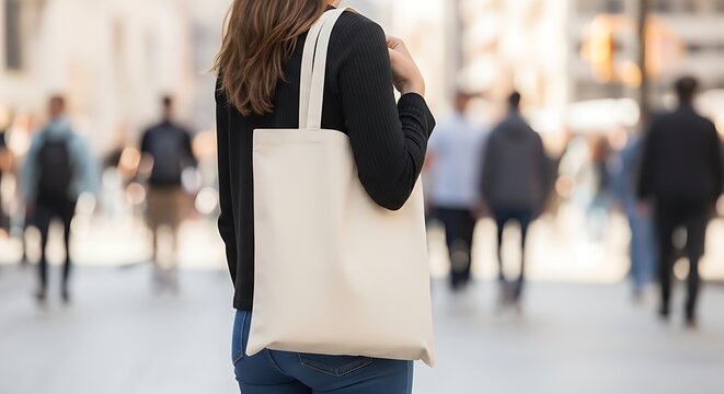 Woman with blank tote bag walking in a bustling city street.