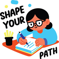 Illustration of a smiling person with glasses wearing a blue shirt and orange accents writing with a pen on paper with lines and a pen holder with yellow lines on a desk with a transparent background