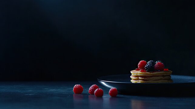 A dark, moody setting featuring a stack of pancakes topped with fresh raspberries and blueberries