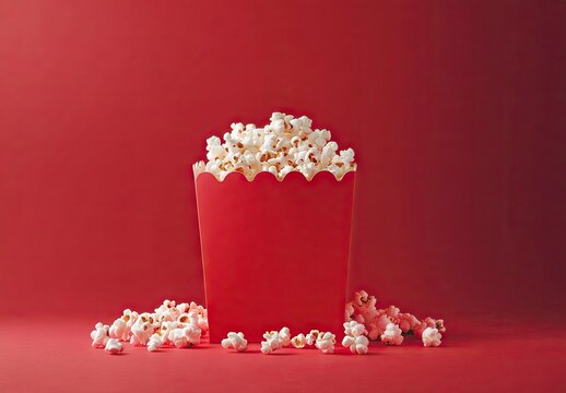 A red popcorn bucket overflowing with fluffy white popcorn on a bold red background