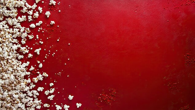 A close-up view of scattered white popcorn kernels against a solid red background - Powered by Adobe