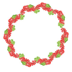 Red currant berries. Watercolor wreath isolated on white. Summer frame red currant. Berries design for card, poster, postcard, invitations, wedding, party, home preserves cookbook, grocery store