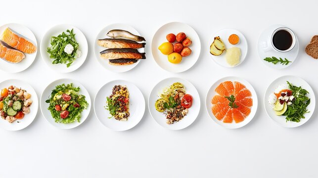 A top-down grid of elegantly plated salmon dishes with colorful sides, sauces, and garnishes on white plates