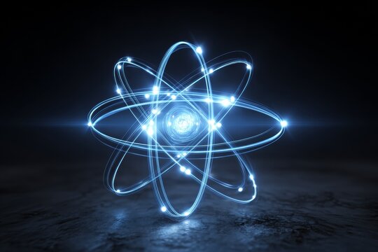 A stylized atom with luminous electrons is depicted in a dark environment. The glowing blue lines illustrate atomic structure, suggesting movement and energy