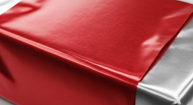 Shiny red metallic fabric draped over a reflective silver surface creating a luxurious abstract background.