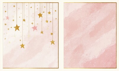 A decorative pink and gold design featuring hanging stars on a textured background. Template for birthday greeting card or invitation