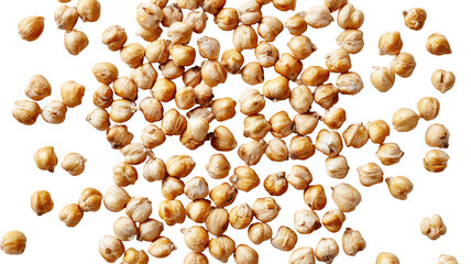 Pile of tan, rounded chickpeas scattered on a black background