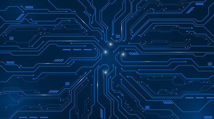 Circuit board on technology dark blue background. Abstract digital tech bg. Electronics and computer technology concept. Chip and circuit board. Chip connectors illustration. Digital vector web banner