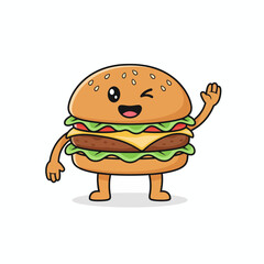 Friendly cartoon burger waving hello, a fun mascot perfect for fast food branding or children's menus, brings joy and appetite appeal to any design