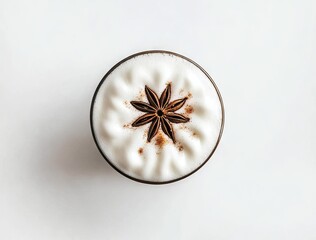 A top-down view of a white cup filled with frothy cappuccino or latte, garnished with a light sprinkle of cinnamon and a star anise on the foam