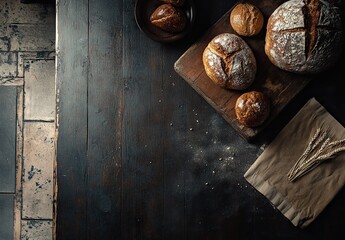 A rustic wooden tabletop featuring freshly baked bread loaves with crispy crusts, dusted with flour