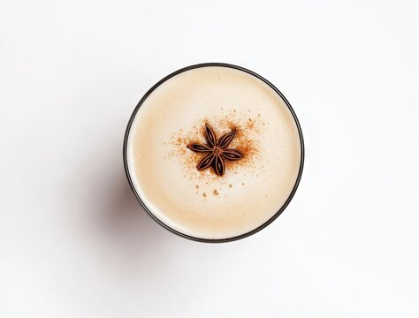 A top-down view of a white cup filled with frothy cappuccino or latte, garnished with a light sprinkle of cinnamon and a star anise on the foam - Powered by Adobe