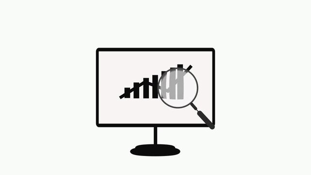 Computer Monitor Displaying Bar Graph and Magnifying Glass on animation White Background screen. High-tech screen animation featuring bar chart data and magnifying lens effect on white background .