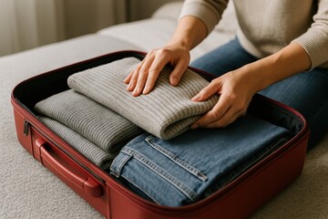Preparing for Adventure: A close-up shot of a person thoughtfully packing a suitcase, meticulously organizing clothing in anticipation of a new journey.