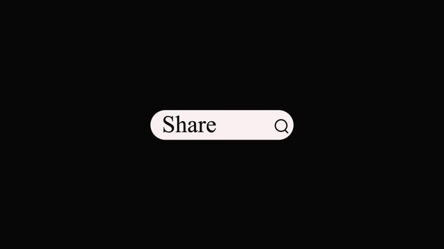Minimalist Search Bar Icon with Share text Magnifying Glass on a Dark animation Background input field. High-tech search bar animation featuring magnifying lens highlighting &ldquo;Share&rdquo; text on dark.
