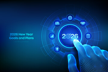 2026 New year Goals and plans. Business plan and strategies. Goal acheiveement and success in 2026. Resolutions, plan, action, checklist concept. Wireframe hand touching digital interface. Vector.