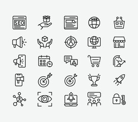 Digital Marketing and SEO Line Icon Set. Minimal Flat Icons for Marketing, SEO, and Startup Design Vector.