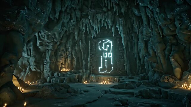 Ancient emerald-tinted cavern guards a glowing rune-covered portal at the far end as shadowy explorers approach
