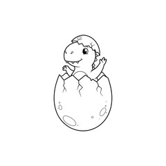 Adorable baby dinosaur hatching from a cracked egg in a simple line drawing