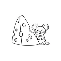 Adorable cartoon mouse happily sitting next to a large wedge of swiss cheese