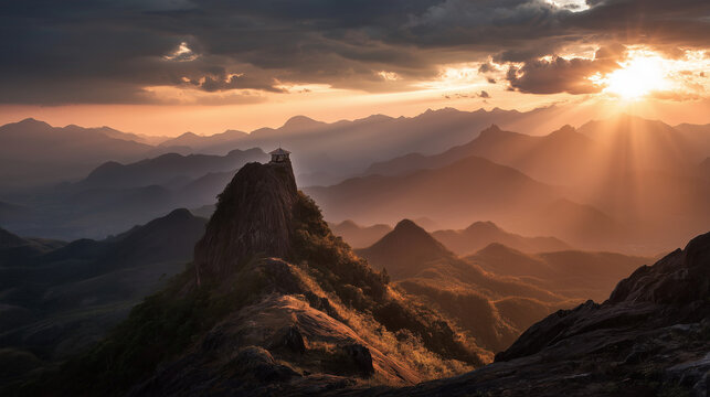 Mountain temple at sunset with golden rays, misty cliffs 