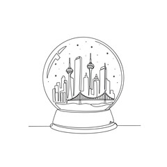 Artistic outline of a snow globe featuring a city skyline and bridge