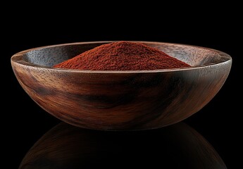 A rustic wooden bowl filled with finely ground red spice powder against a black background