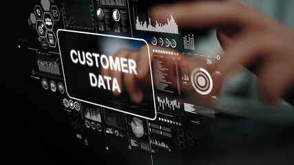 Hands Typing on Keyboard with Overlay of Digital Customer Data Analytics and Financial Graphs in Modern Office Environment. Asymptotic smart data analytic. - Powered by Adobe