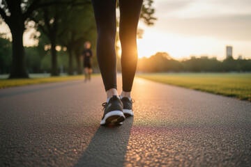 A low-angle, close-up shot from behind of a woman's legs and running shoes as she walks or jogs on a paved asphalt path in a city park.