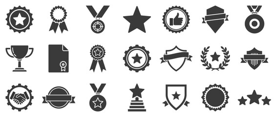 Achievement and Recognition Icons. Collection of Awards, Badges, Medals, and Certification glyph pictogram Icons Set