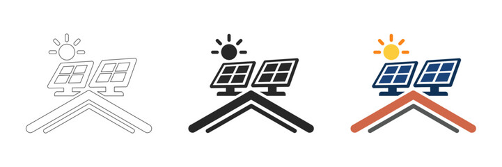 Solar Panel Rooftop Icons Set - Renewable Energy and Sustainable Technology Concept. Solid colour pictogram of rooftop solar panel