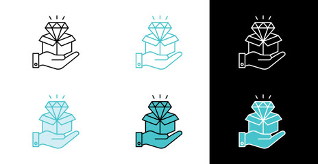 Hand holding diamond gift box icon for luxury service and premium delivery in line and fill style