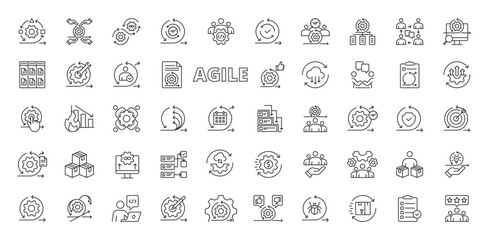 Agile icons in line design. sprint, scrum, workflow, iteration, team, planning, collaboration, project, flexibility, development on white background vector. Agile editable stroke icons