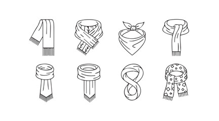 Collection of eight different scarf tying styles illustrated in a clean silhouette style