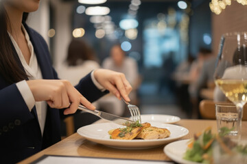 Close-up of a businesswoman eating a gourmet meal at a fine dining restaurant