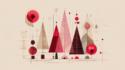 Abstract art with geometric tree shapes and circular elements in shades of red and brown, set on a beige background.
