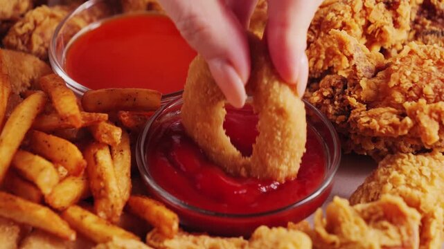 Close-up shot of hand dipping onion rings into ketchup. Tasty set of french fries, chicken wings, nuggets and onion rings. Fast food concept. High quality 4k footage