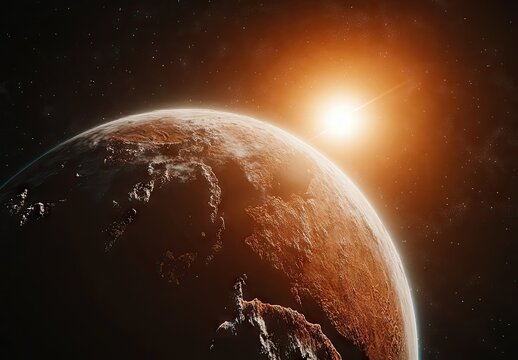 A dramatic view of a sunlit planet with glowing horizon and fiery atmospheric haze from space