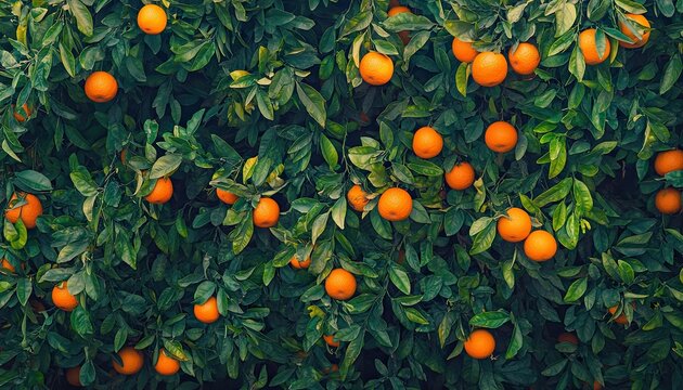 Ripe oranges hanging abundantly among lush green leaves on a tree under natural light