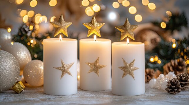 Three white candles with golden star patterns burning softly on a snowy surface with warm bokeh lights in the background